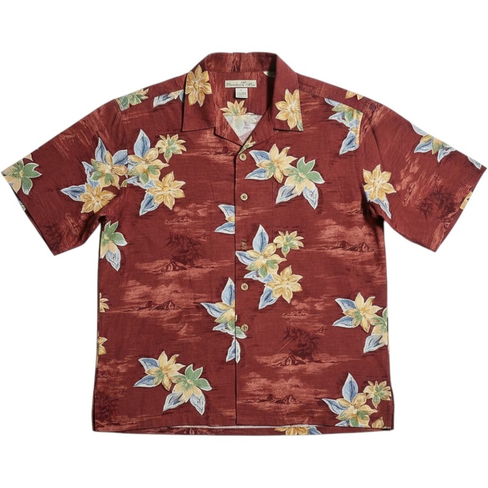 Paradise Blue Mens Medium Red 100% Silk Tropical Floral Short Sleeve Camp Shirt